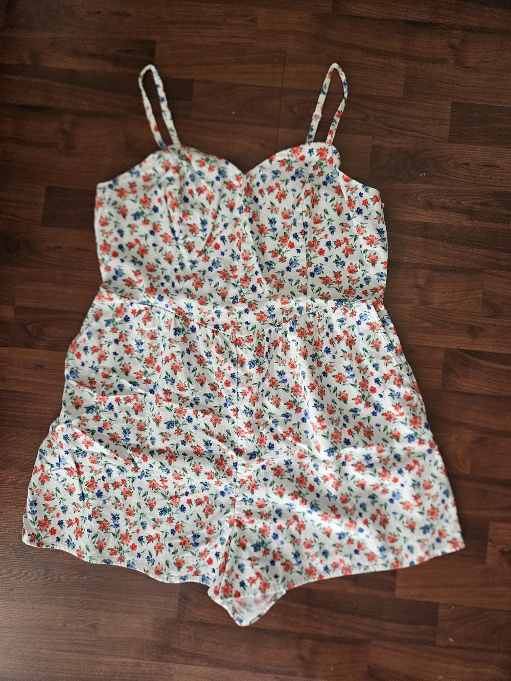 Old Navy White Floral Spaghetti-Strap Romper with Red & Blue Flowers